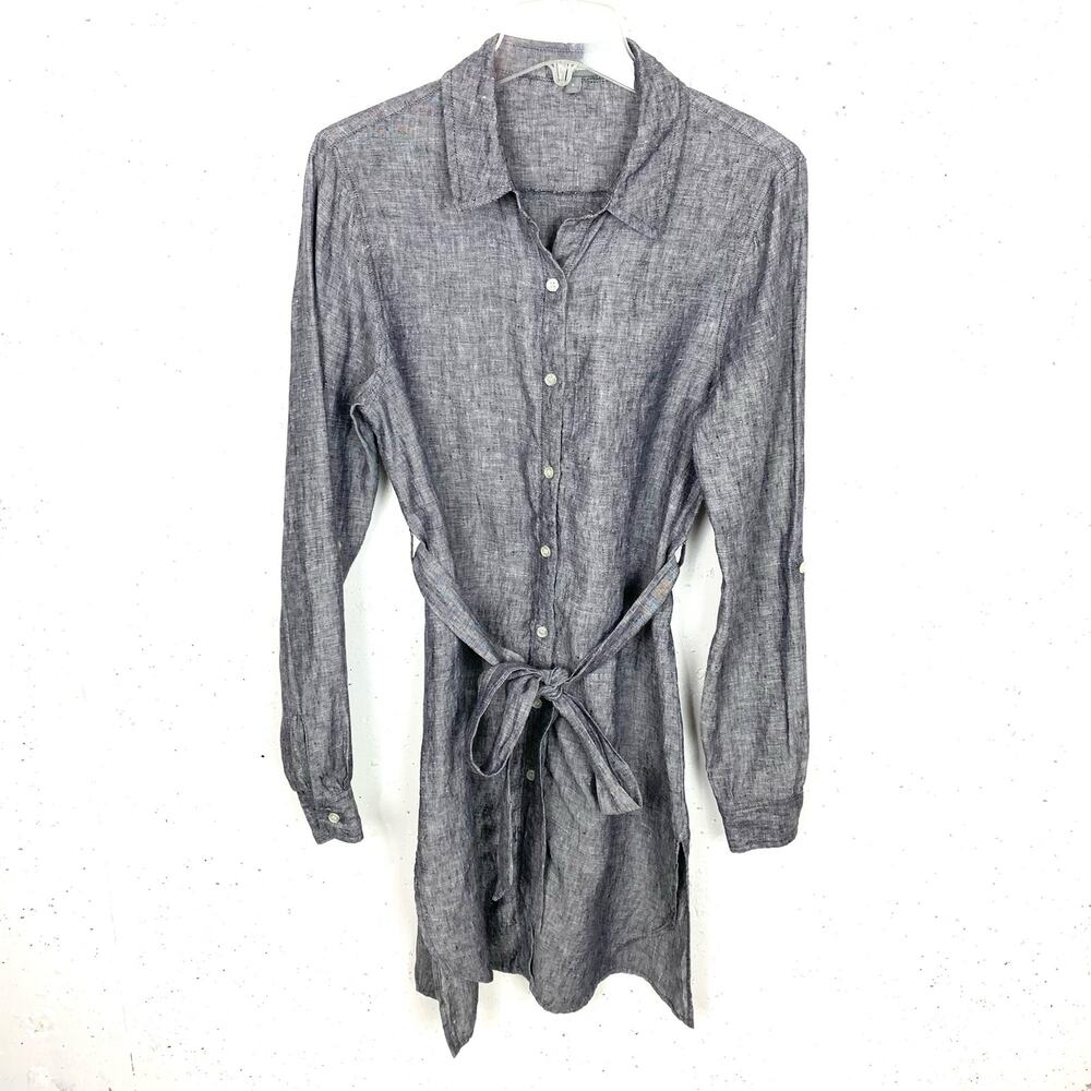 Neiman Marcus Womens Linen Shirtdress Roll Tab Sleeves Blue Mini Size Small